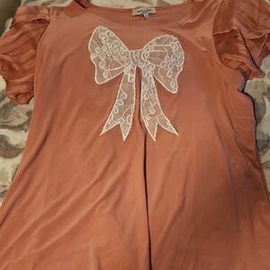 Emma & Sam Mauve Peach Lace Bow Short Sleeve Top